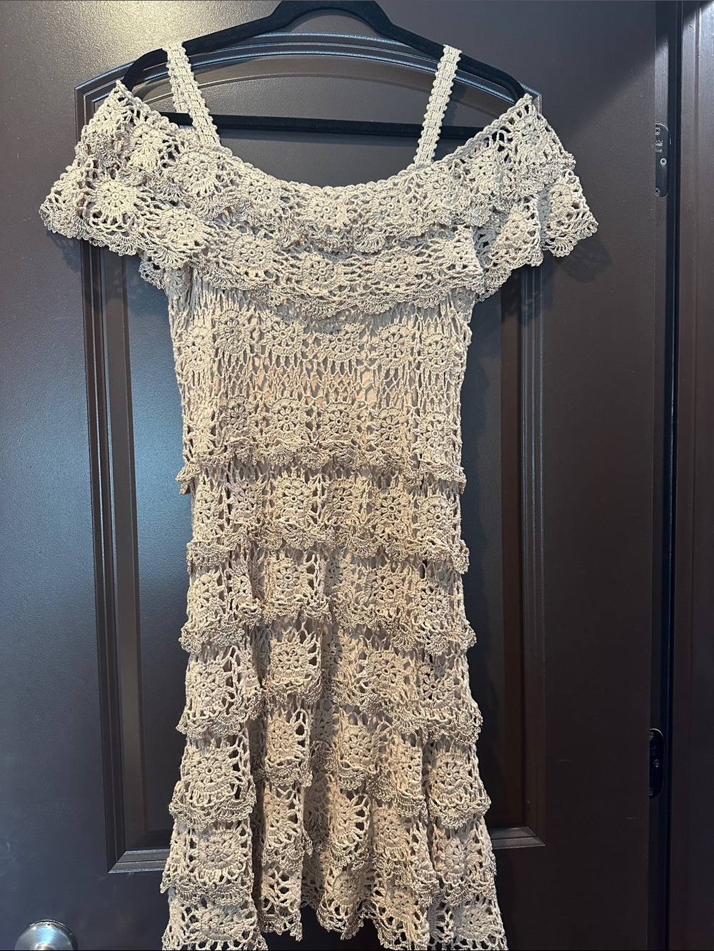 Boston Proper Crochet Off-Shoulder Tiered Dress in Beige